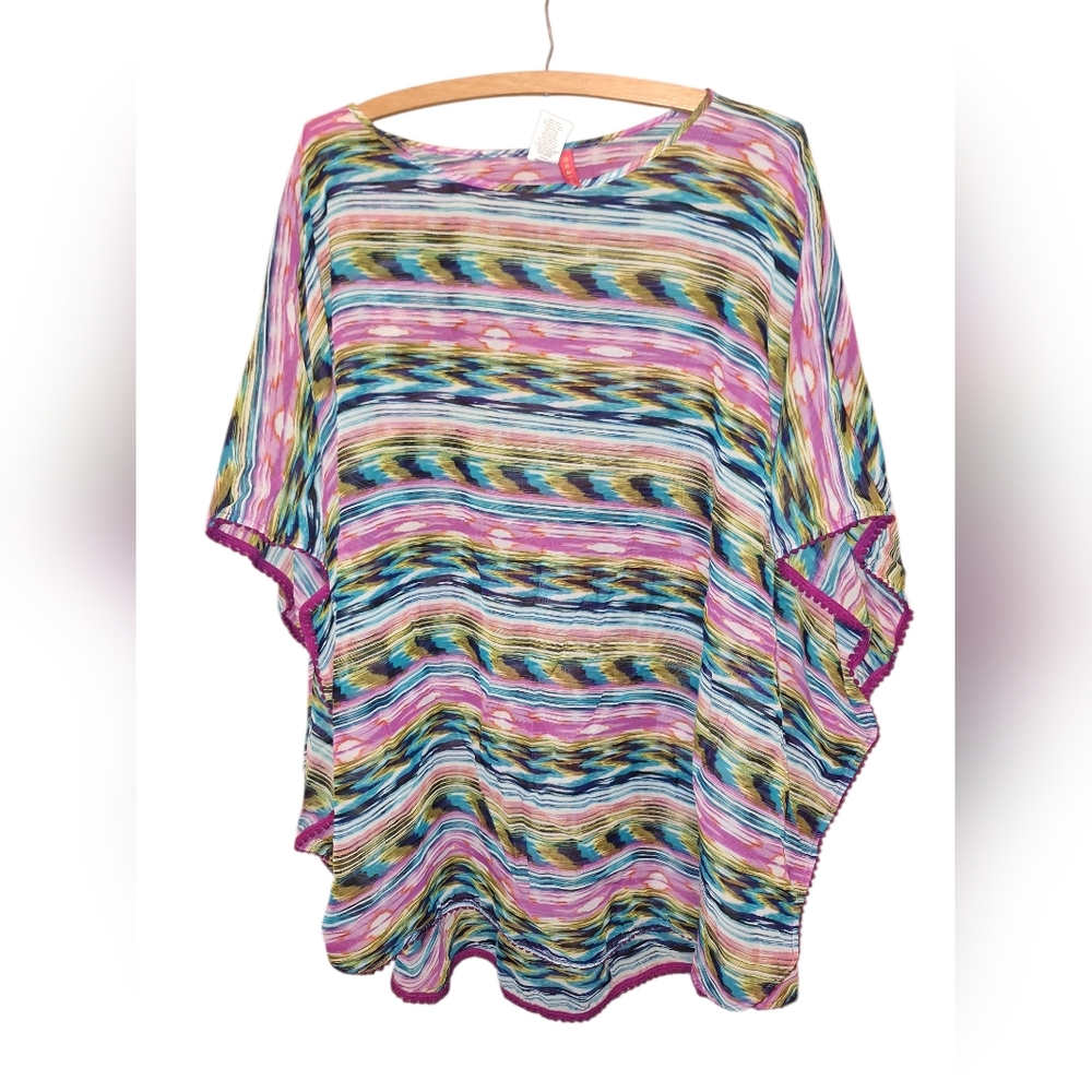 SESSA Kenneth Cole Striped Multicolor Chiffon BEACH Coverup Slimming Large